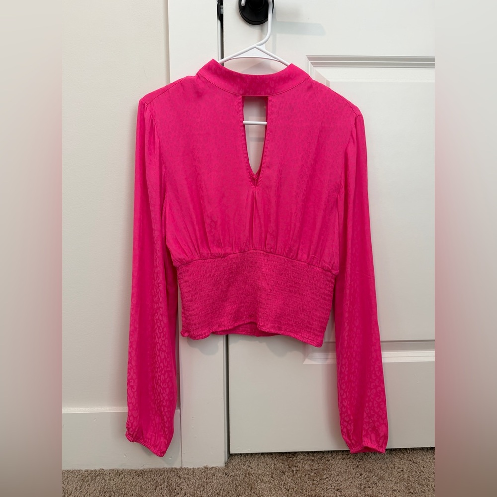 Steve Madden Hot Pink Long-Sleeve Smocked Crop Top
